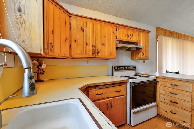 257 Point Brown Ave SW, Ocean Shores, WA 98569 - kitchen featuring under cabinet range hood, white electric range oven, light countertops, brown cabinets, and light wood-type flooring