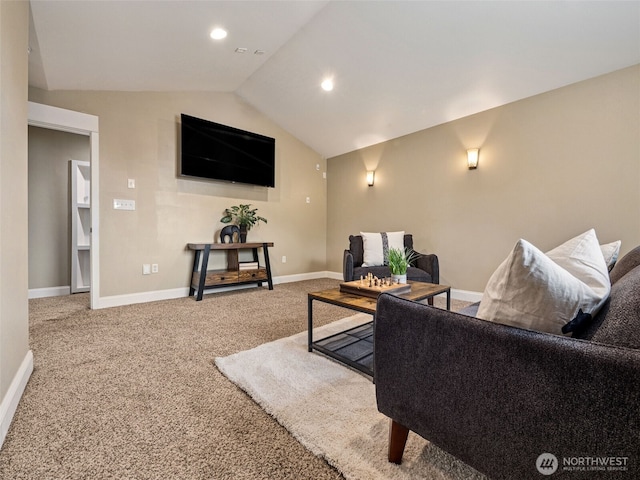 20714 61st St E, Bonney Lake, WA 98391 - living room featuring baseboards, carpet, vaulted ceiling, and recessed lighting