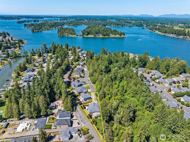 20714 61st St E, Bonney Lake, WA 98391 - aerial perspective of suburban area with a water and mountain view, a heavily wooded area, and property boundaries highlighted