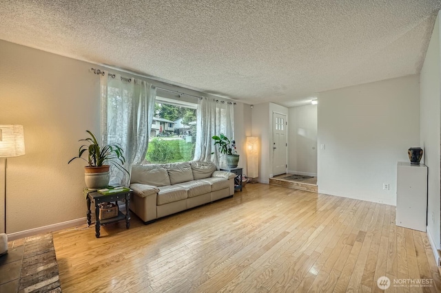 8918 108th St SW, Lakewood, WA 98498 - living room featuring light wood-style floors, a textured ceiling, and baseboards