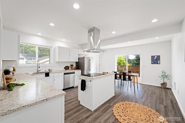 921 Autumn Ln Unit 205, Bellingham, WA 98229 - kitchen with stainless steel appliances, island exhaust hood, a center island, a sink, and dark wood-style floors