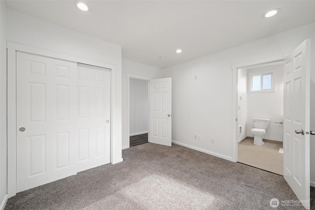 921 Autumn Ln Unit 205, Bellingham, WA 98229 - unfurnished bedroom featuring carpet, recessed lighting, ensuite bath, baseboards, and a closet
