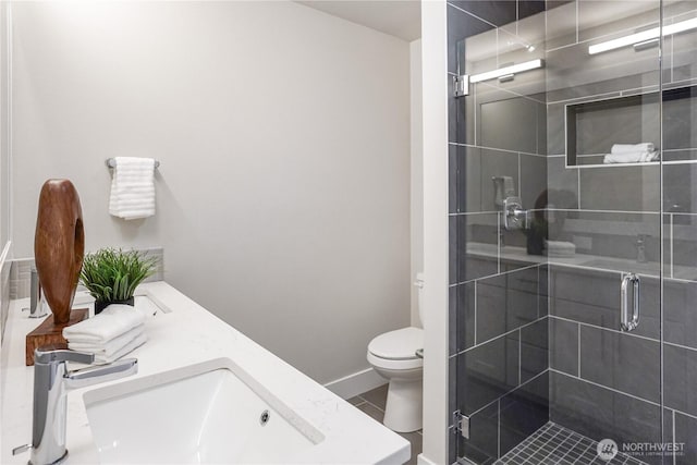 825 238th Pl SE Unit D, Bothell, WA 98021 - full bath featuring double vanity, a shower stall, toilet, and baseboards
