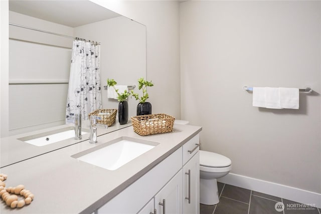 825 238th Pl SE Unit D, Bothell, WA 98021 - bathroom featuring vanity, toilet, tile patterned floors, baseboards, and a shower with shower curtain