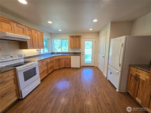 kitchen featuring white appliances, a sink, under cabinet range hood, dark countertops, and recessed lighting