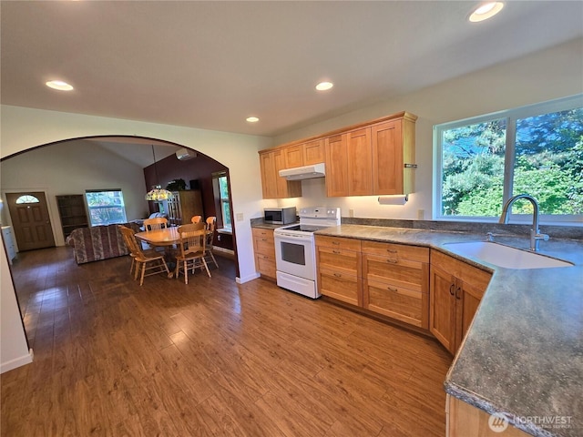 kitchen featuring a sink, white range with electric cooktop, arched walkways, stainless steel microwave, and healthy amount of natural light