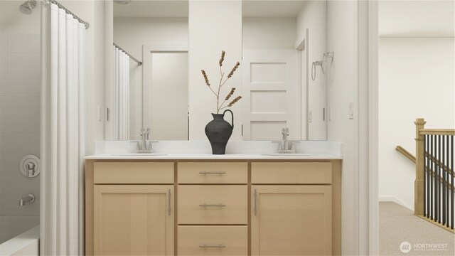 17919 139th Pl E, Puyallup, WA 98374 - bathroom with double vanity and shower / bathtub combination with curtain