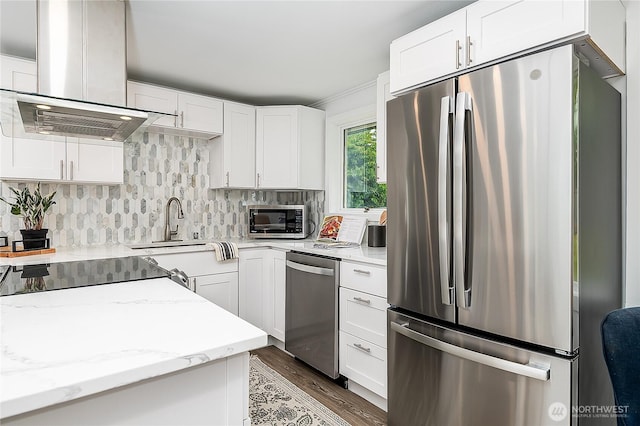 5705 241st St SW, Mountlake Terrace, WA 98043 - kitchen with stainless steel appliances, island range hood, dark wood-style flooring, decorative backsplash, and white cabinets