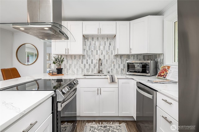 5705 241st St SW, Mountlake Terrace, WA 98043 - kitchen with stainless steel appliances, a sink, white cabinets, and dark wood-style flooring