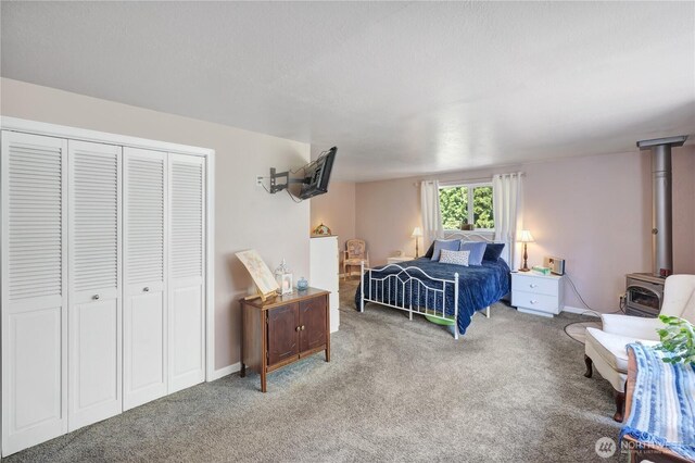 10208 28th Ave SW, Seattle, WA 98146 - carpeted bedroom featuring a wood stove and a closet