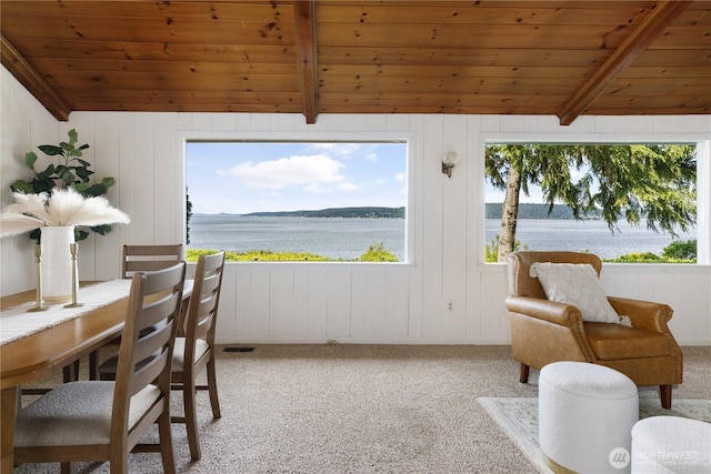 3115 Saratoga Rd, Langley, WA 98260 - sunroom with wooden ceiling, a water view, carpet floors, and wood walls
