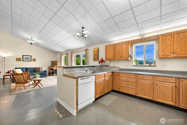 5380 Marshall Hill Rd, Deming, WA 98244 - kitchen with dishwasher, a peninsula, open floor plan, a sink, and a chandelier