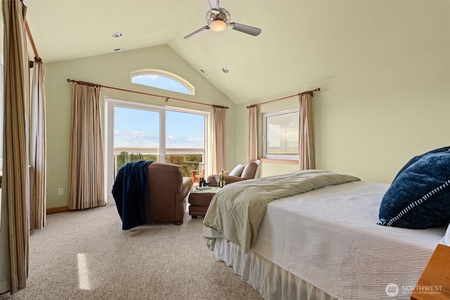 703 S Sand Dune Ave SW, Ocean Shores, WA 98569 - bedroom featuring vaulted ceiling, a ceiling fan, light carpet, and access to outside