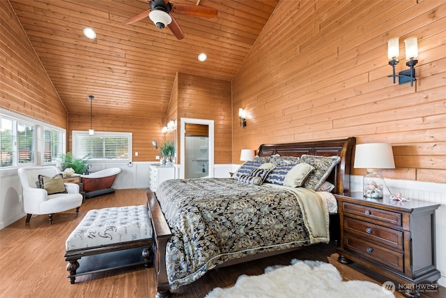 8116 Naketa Beach Walk, Mukilteo, WA 98275 - bedroom featuring wood walls, high vaulted ceiling, wood finished floors, and wooden ceiling
