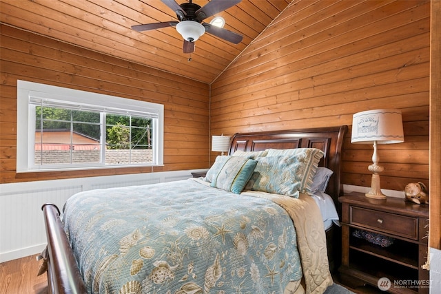 8116 Naketa Beach Walk, Mukilteo, WA 98275 - bedroom featuring lofted ceiling, wood finished floors, wooden walls, wooden ceiling, and a ceiling fan