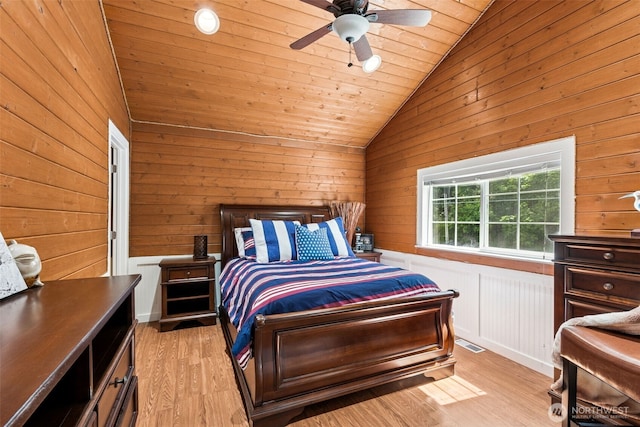 8116 Naketa Beach Walk, Mukilteo, WA 98275 - bedroom with vaulted ceiling, light wood finished floors, wooden walls, wood ceiling, and a ceiling fan