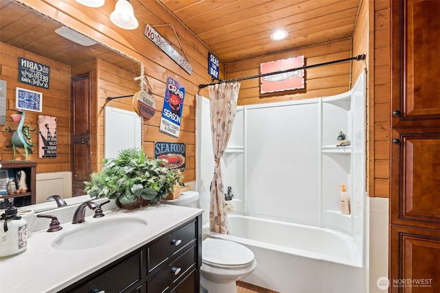 8116 Naketa Beach Walk, Mukilteo, WA 98275 - bathroom with wood ceiling, wooden walls, vanity, toilet, and shower / tub combo