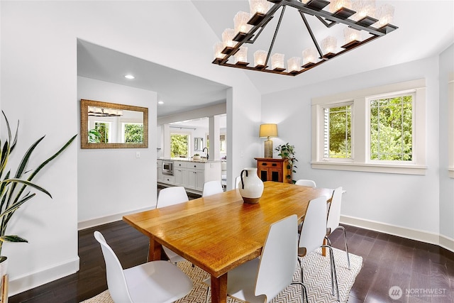 1014 Cherry Ave NE, Bainbridge Island, WA 98110 - dining area with baseboards, dark wood-type flooring, a chandelier, and recessed lighting