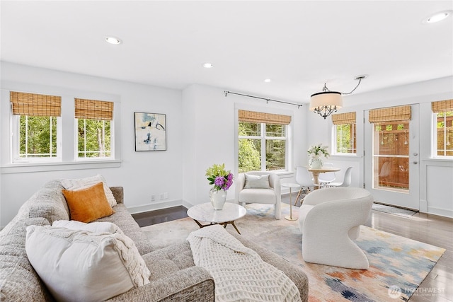 1014 Cherry Ave NE, Bainbridge Island, WA 98110 - living area featuring recessed lighting, wood finished floors, baseboards, and a chandelier