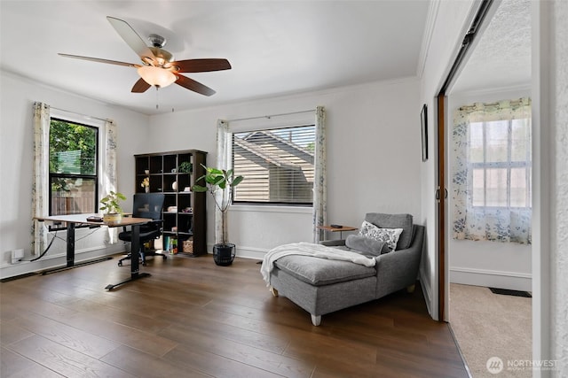 605 N Sampson St, Ellensburg, WA 98926 - sitting room featuring a desk, ornamental molding, a ceiling fan, dark wood finished floors, and baseboards