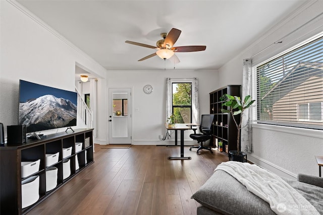 605 N Sampson St, Ellensburg, WA 98926 - sitting room with ceiling fan, wood finished floors, baseboards, and an office area