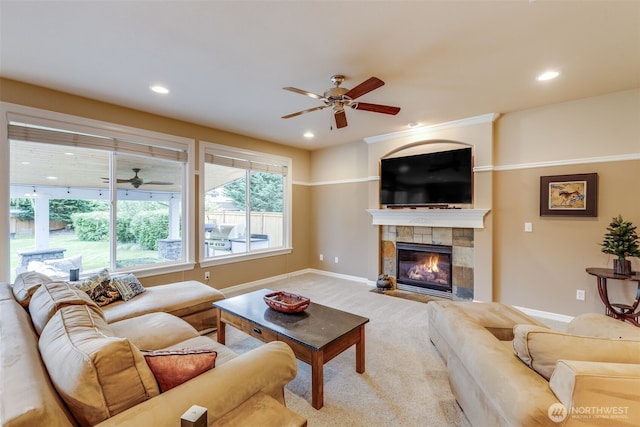 30630 122nd Ave SE, Auburn, WA 98092 - carpeted living room with ceiling fan, baseboards, a fireplace, and recessed lighting
