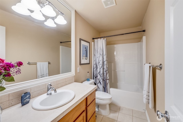 30630 122nd Ave SE, Auburn, WA 98092 - bathroom with vanity, tile patterned floors, shower / bath combination with curtain, tasteful backsplash, and toilet