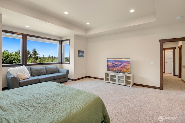 1048 Malvern Hills Dr, Camano Island, WA 98282 - bedroom featuring baseboards, light carpet, recessed lighting, and a tray ceiling