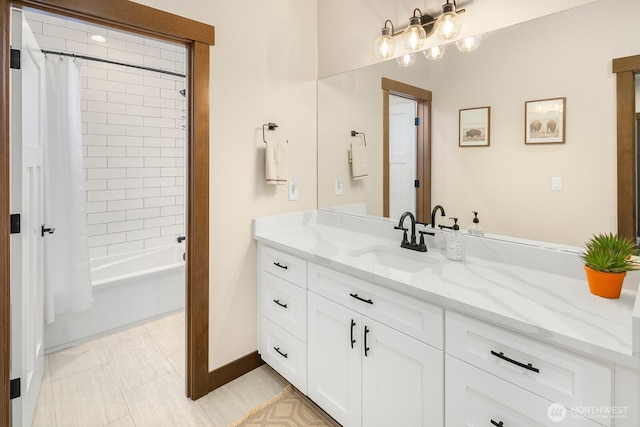 1048 Malvern Hills Dr, Camano Island, WA 98282 - bathroom featuring vanity, shower / bath combo, baseboards, and tile patterned floors