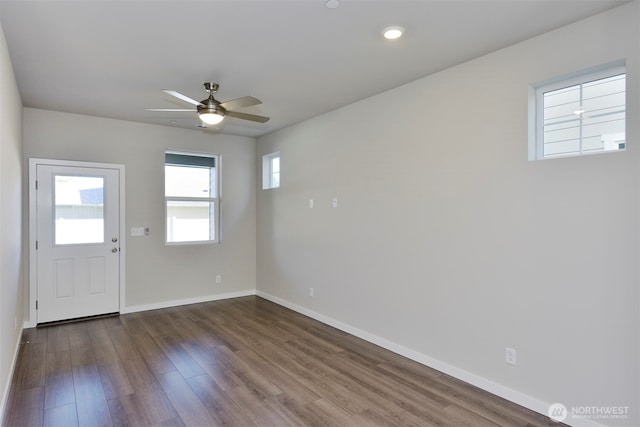 1308 E 53rd St, Tacoma, WA 98404 - foyer entrance featuring dark wood finished floors, ceiling fan, baseboards, and recessed lighting