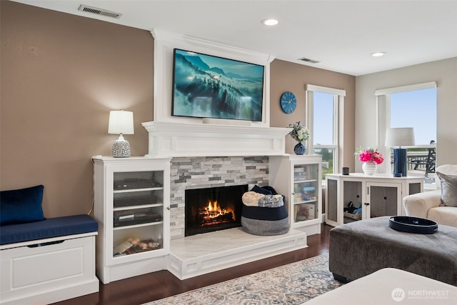 4019 N Vassault St, Tacoma, WA 98407 - living room featuring a stone fireplace, recessed lighting, and wood finished floors