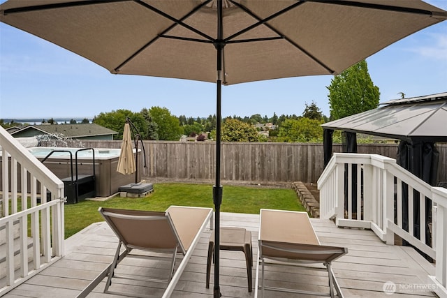 4019 N Vassault St, Tacoma, WA 98407 - wooden deck featuring a gazebo, a fenced backyard, a hot tub, and stairs