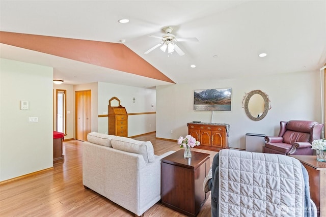 25420 354th Ave SE, Ravensdale, WA 98051 - living room featuring lofted ceiling, ceiling fan, light wood-type flooring, baseboards, and recessed lighting