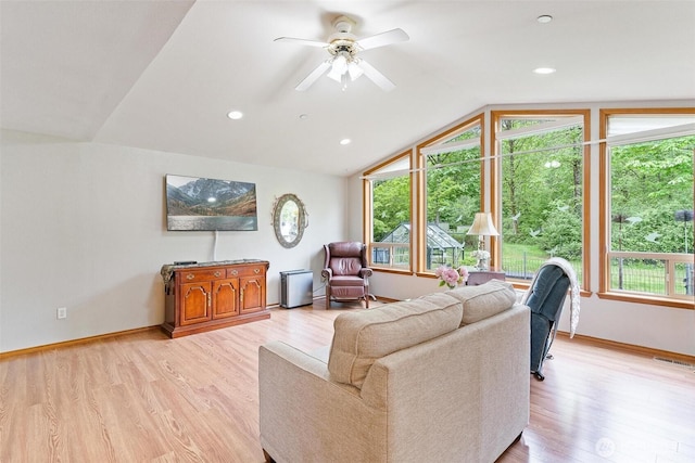 25420 354th Ave SE, Ravensdale, WA 98051 - living area featuring lofted ceiling, a ceiling fan, light wood-style floors, baseboards, and recessed lighting