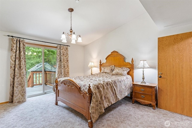 25420 354th Ave SE, Ravensdale, WA 98051 - bedroom with access to outside, a chandelier, carpet, and lofted ceiling