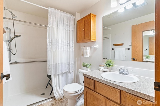 25420 354th Ave SE, Ravensdale, WA 98051 - bathroom with curtained shower, vanity, toilet, and tile patterned flooring