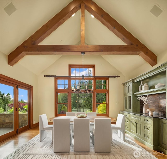 26970 SE Old Black Nugget Rd, Issaquah, WA 98029 - dining space featuring beam ceiling, high vaulted ceiling, and light wood finished floors