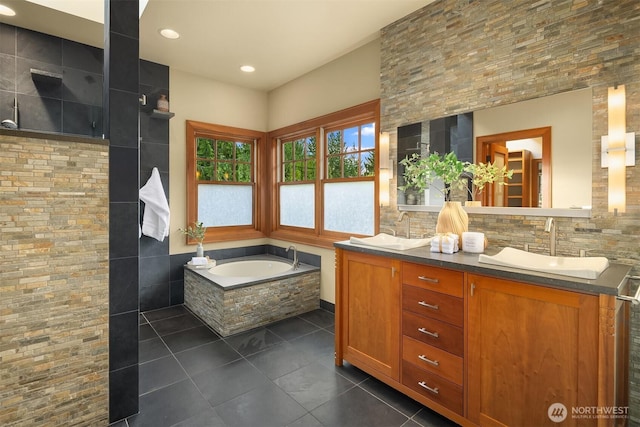 26970 SE Old Black Nugget Rd, Issaquah, WA 98029 - full bathroom featuring tile patterned flooring, a garden tub, double vanity, recessed lighting, and a walk in shower