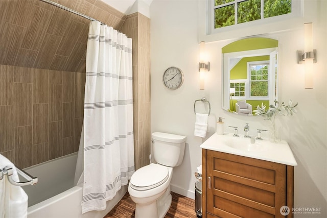 26970 SE Old Black Nugget Rd, Issaquah, WA 98029 - bathroom featuring toilet, vanity, shower / tub combo, and wood finished floors