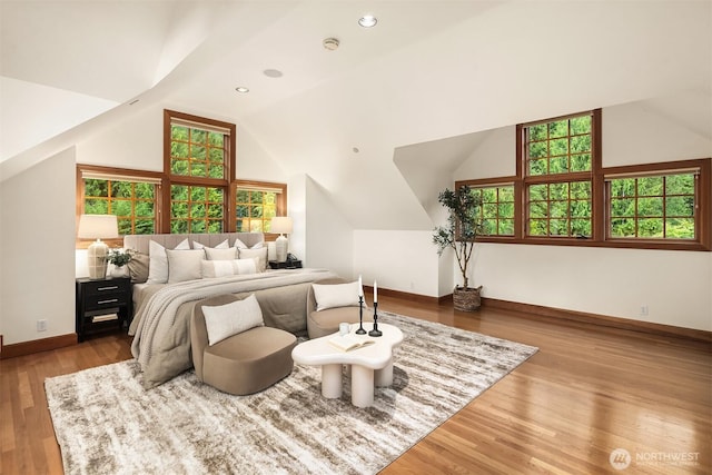 26970 SE Old Black Nugget Rd, Issaquah, WA 98029 - bedroom featuring lofted ceiling, baseboards, multiple windows, and wood finished floors