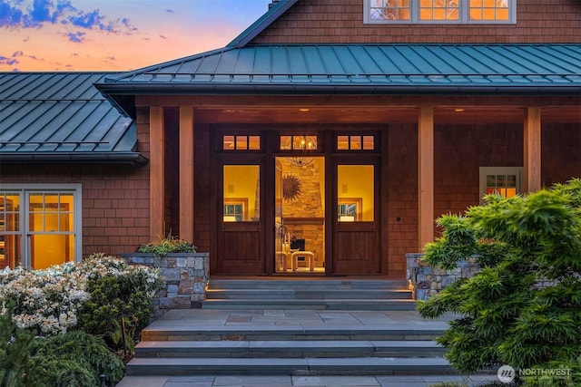 26970 SE Old Black Nugget Rd, Issaquah, WA 98029 - property entrance featuring a standing seam roof, metal roof, and a porch