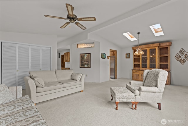 11436SE 208th St Unit 180, Kent, WA 98031 - living area with a skylight, light colored carpet, lofted ceiling, a chandelier, and ceiling fan