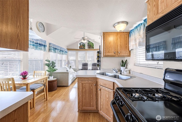 7704 Birch Bay Dr Unit 2805, Blaine, WA 98230 - kitchen with black appliances, healthy amount of natural light, ceiling fan, light countertops, and a textured ceiling
