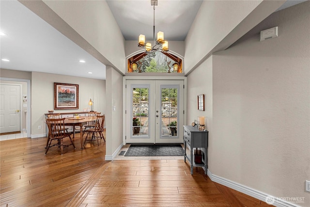 6753 Forest Ridge Dr, Wenatchee, WA 98801 - foyer entrance featuring hardwood / wood-style flooring, a chandelier, french doors, recessed lighting, and baseboards
