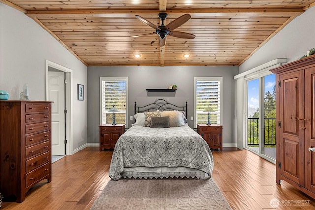 6753 Forest Ridge Dr, Wenatchee, WA 98801 - bedroom featuring access to exterior, wood ceiling, baseboards, light wood-style flooring, and a ceiling fan