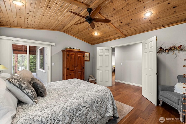 6753 Forest Ridge Dr, Wenatchee, WA 98801 - bedroom with wooden ceiling, lofted ceiling, dark wood-type flooring, access to outside, and a ceiling fan