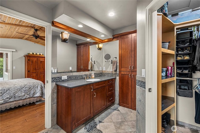 6753 Forest Ridge Dr, Wenatchee, WA 98801 - ensuite bathroom featuring vanity, ceiling fan, lofted ceiling, recessed lighting, and wood ceiling