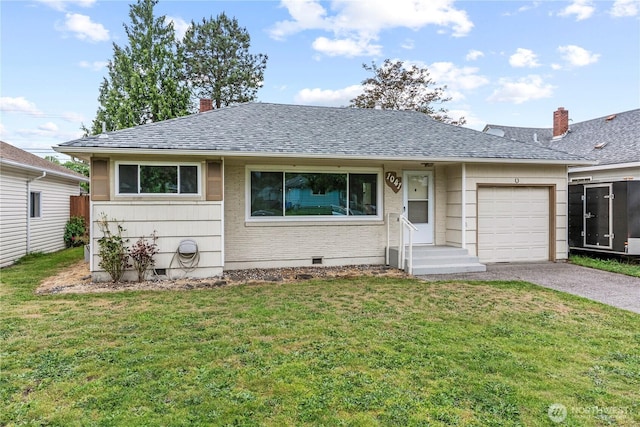 1041 19th Ave, Longview, WA 98632 - ranch-style house with an attached garage, driveway, a front yard, roof with shingles, and a chimney