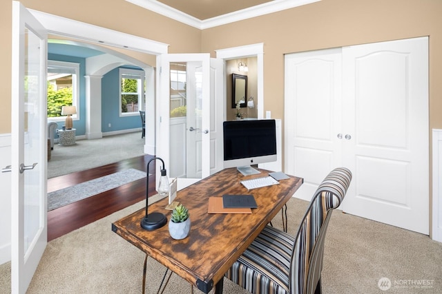 21515 26th St E, Lake Tapps, WA 98391 - carpeted office space with arched walkways, crown molding, and french doors