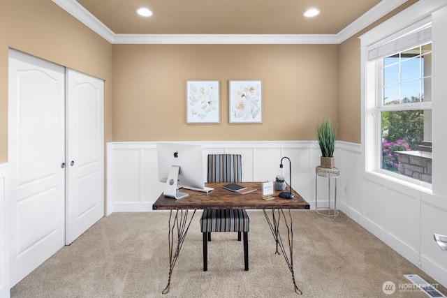 21515 26th St E, Lake Tapps, WA 98391 - carpeted home office with ornamental molding, a decorative wall, wainscoting, and recessed lighting